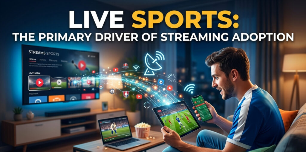 A boy wearing blue shirt looking towards sports channel on live streaming 